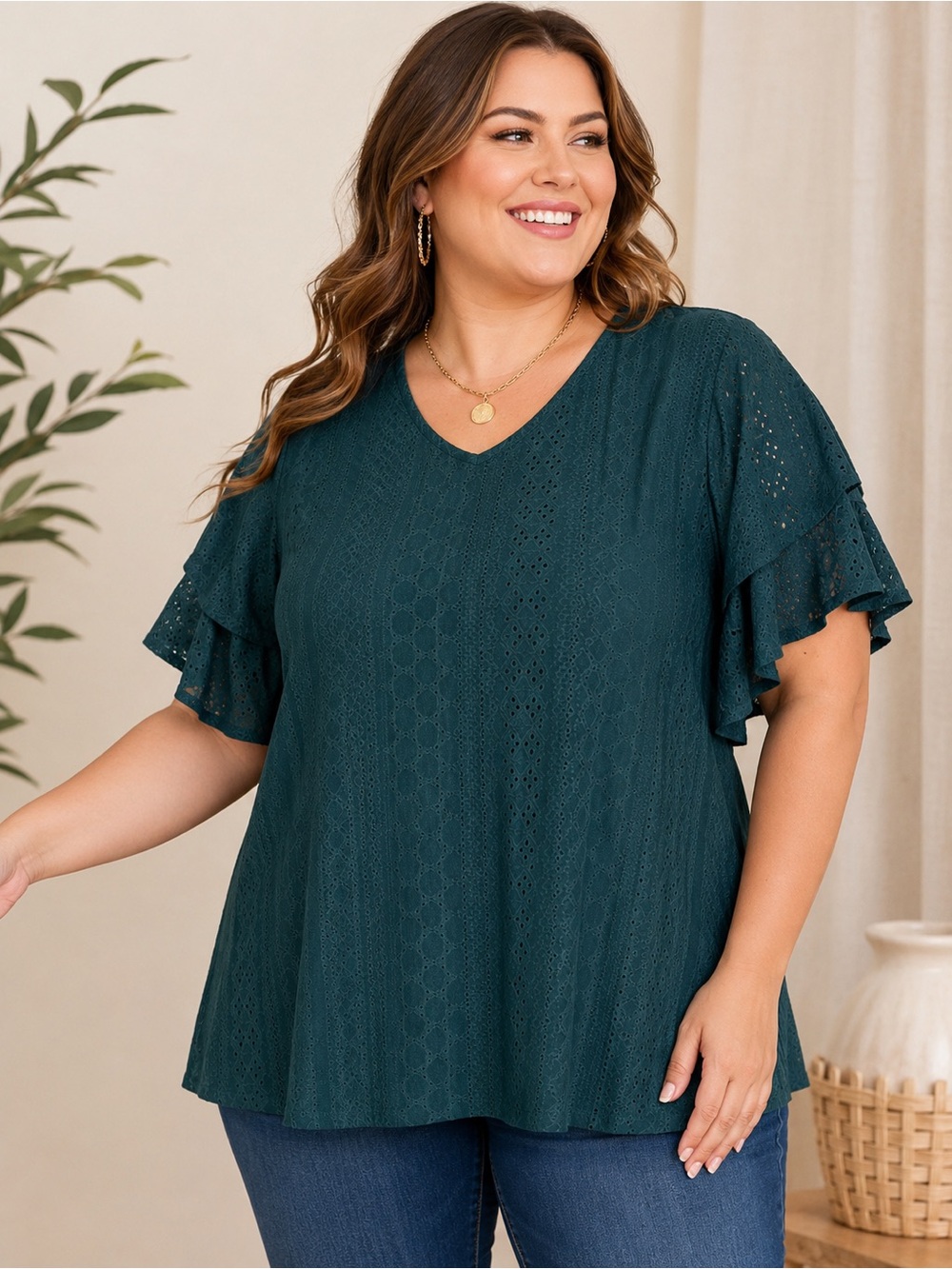 BloomChic Teal V-Neck Flutter Sleeve Eyelet Blouse